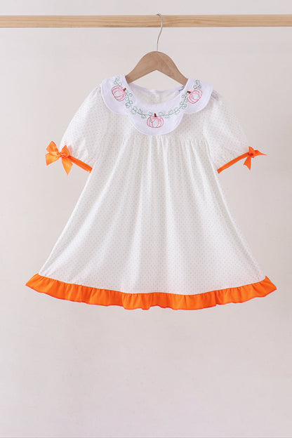 Orange Pumpkin Bow Embroidery Ruffle Dress