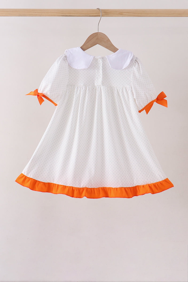 Orange Pumpkin Bow Embroidery Ruffle Dress