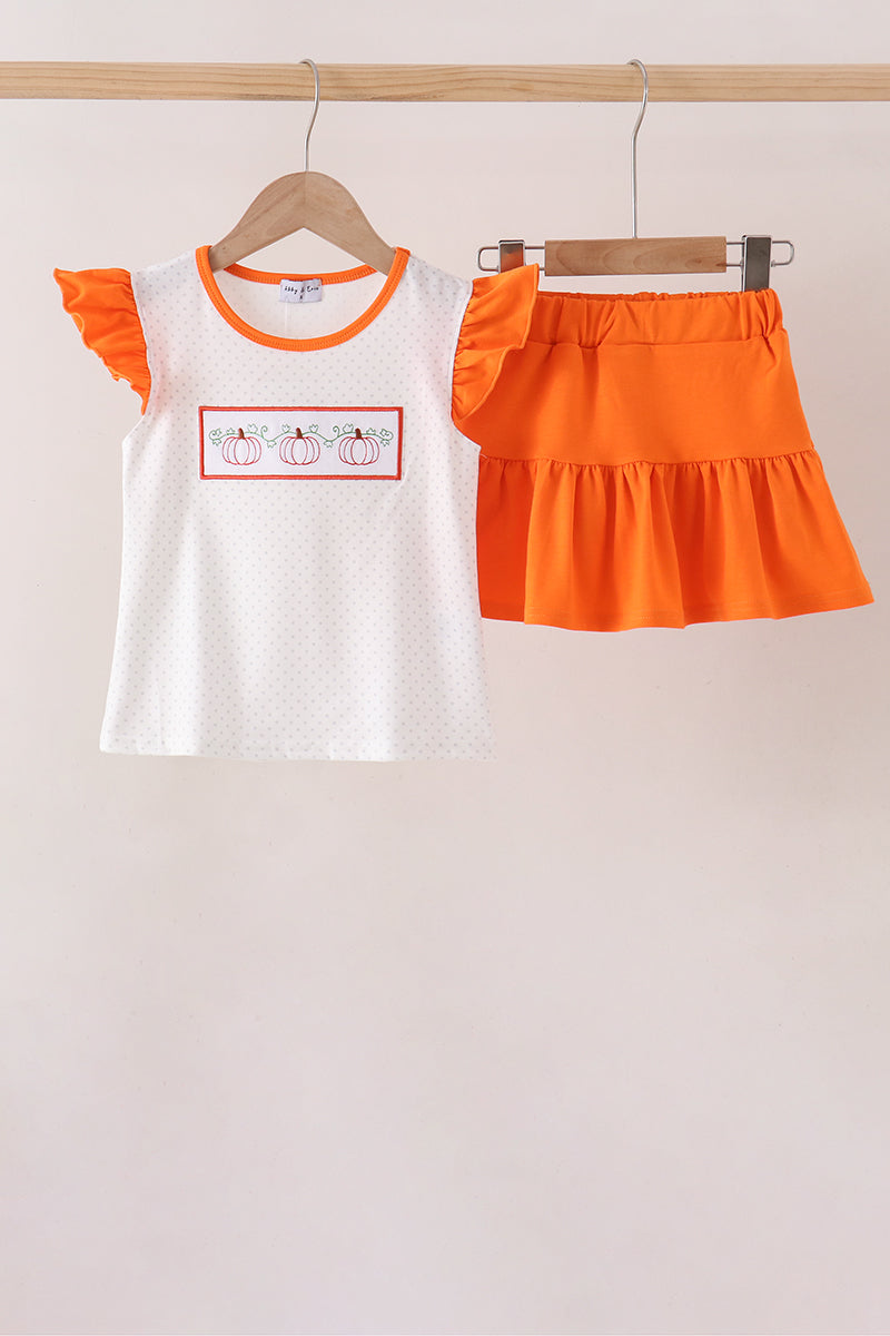 Orange Pumpkin Bow Embroidery Ruffle Skorts Set