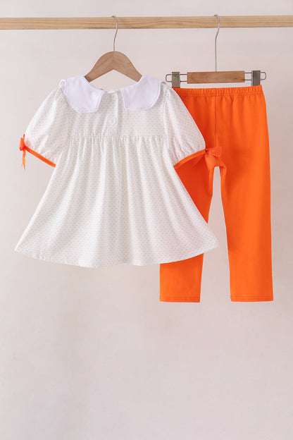 Orange Pumpkin Bow Embroidery Pants Set
