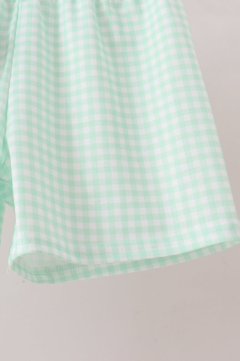 Green Pumpkin Embroidery Gingham Shorts Set
