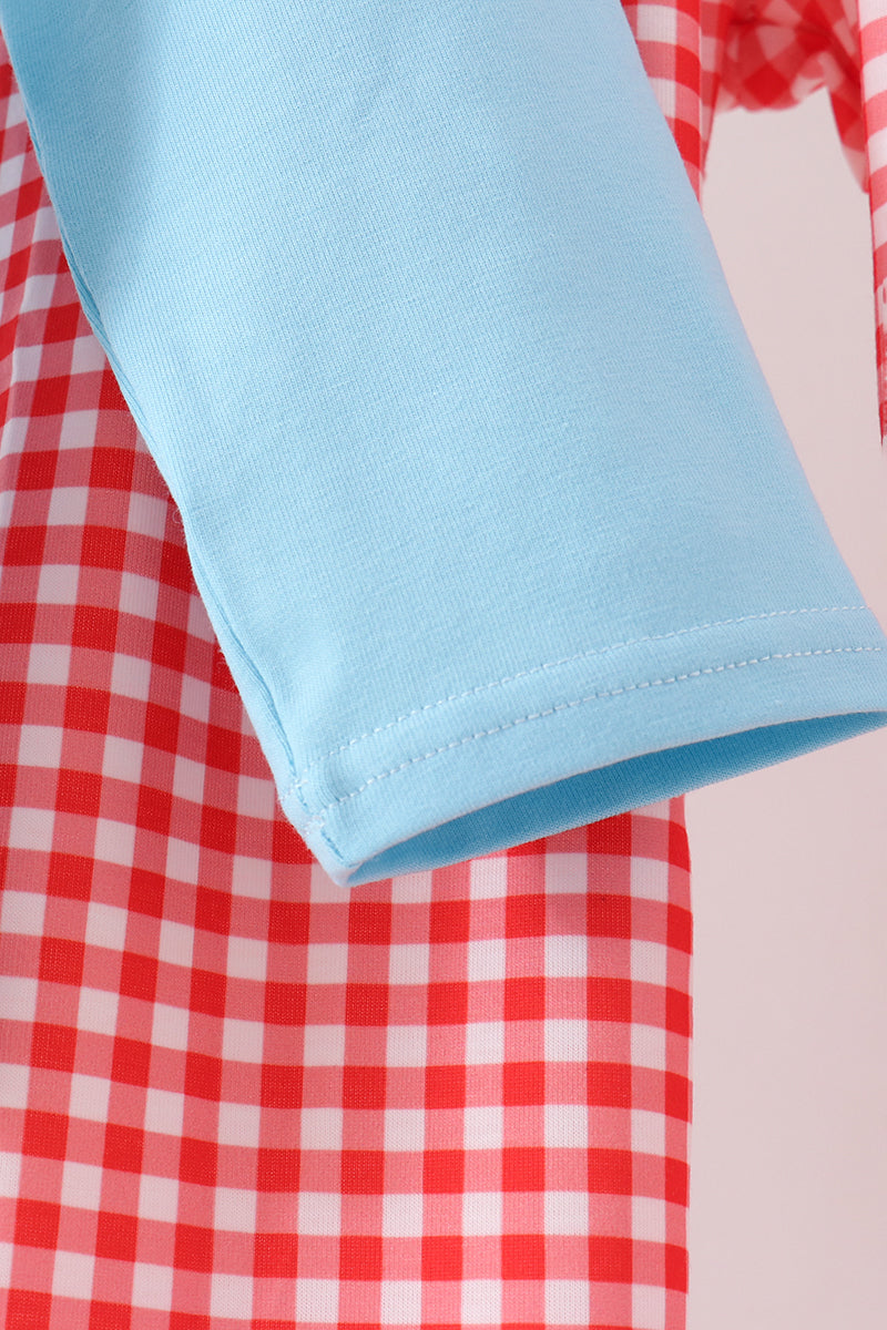 Blue Football Embroidery Gingham Pants Set