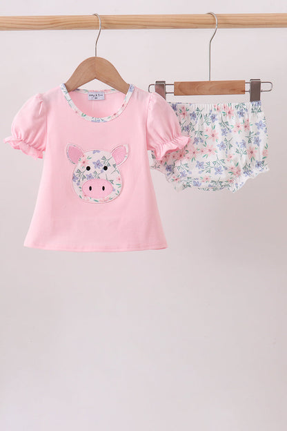 Pink Piggy Applique Bloomer Set