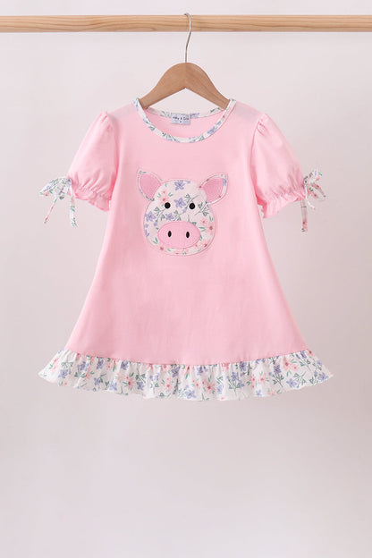 Pink Piggy Applique Ruffle Dress