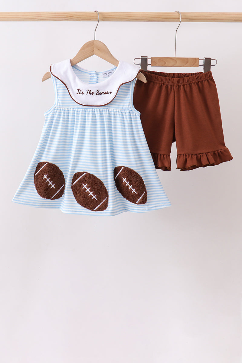 Blue Stripe Football French Knot Ruffle Shorts Set