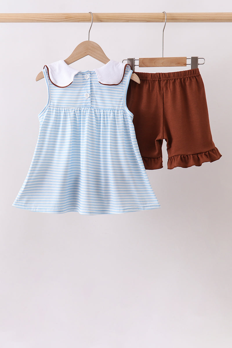 Blue Stripe Football French Knot Ruffle Shorts Set