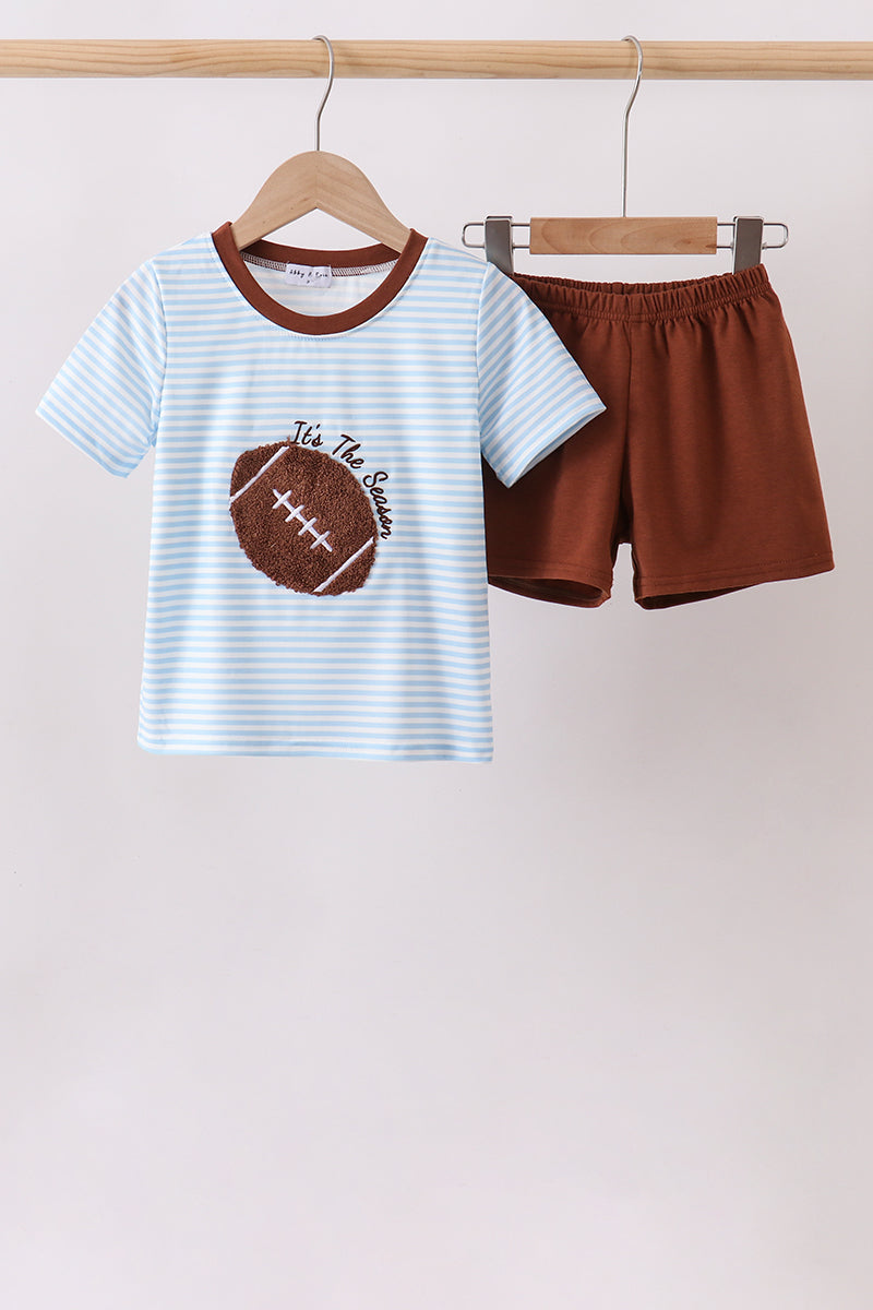 Blue Stripe Football French Knot Shorts Set