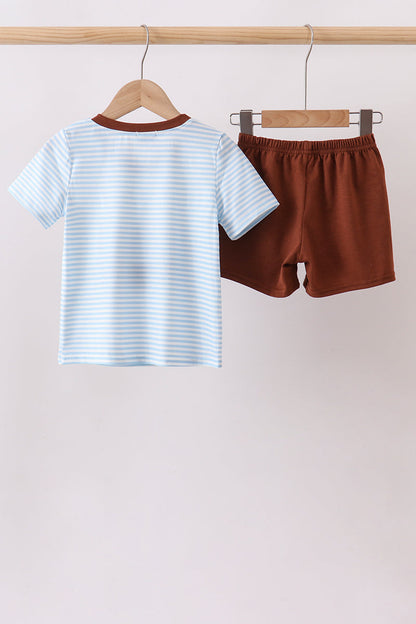 Blue Stripe Football French Knot Shorts Set