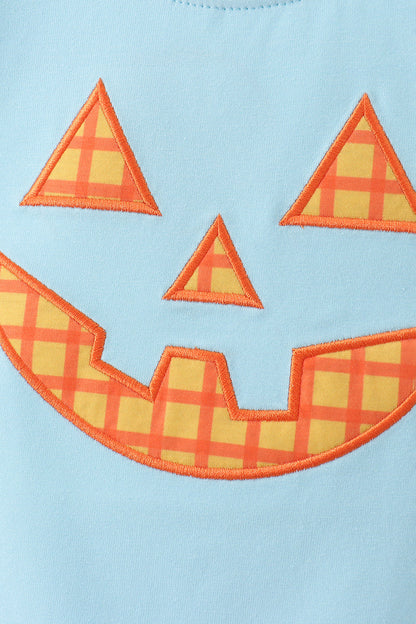 Blue Jack-O-Lantern Applique Gingham Shorts Set