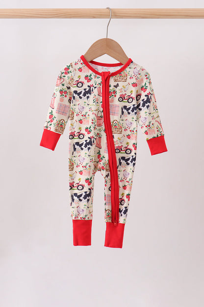 Maroon Farmland Bamboo Ruffle Zipper Romper