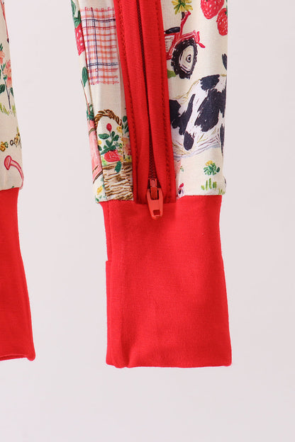 Maroon Farmland Bamboo Ruffle Zipper Romper