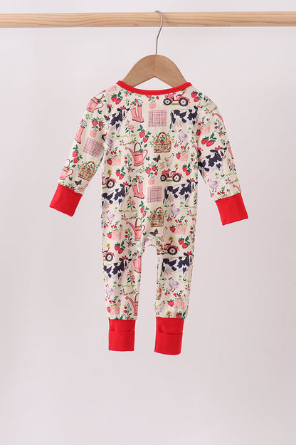Maroon Farmland Bamboo Ruffle Zipper Romper