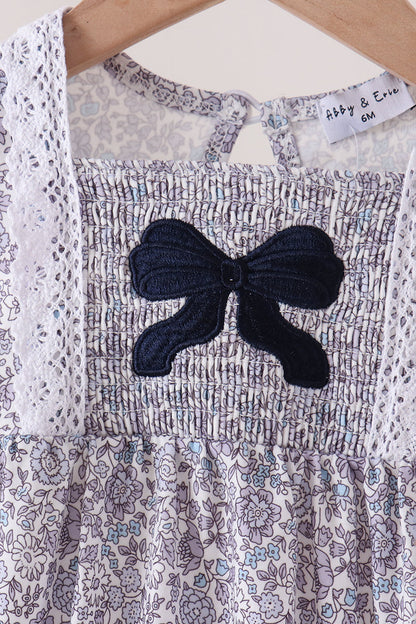Navy Floral Bow Smocked Bubble