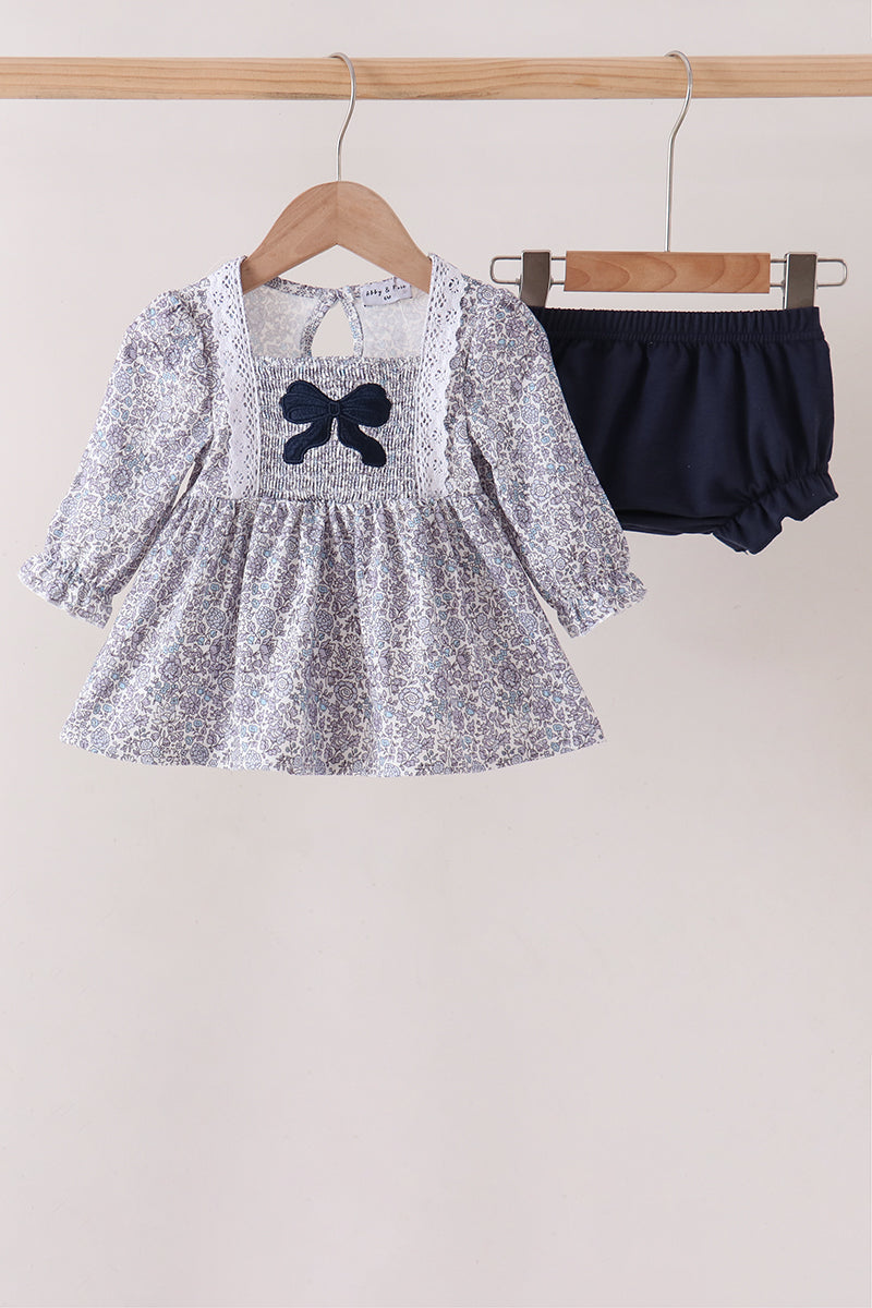 Navy Floral Bow Smocked Bloomer Set