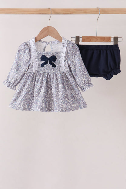 Navy Floral Bow Smocked Bloomer Set