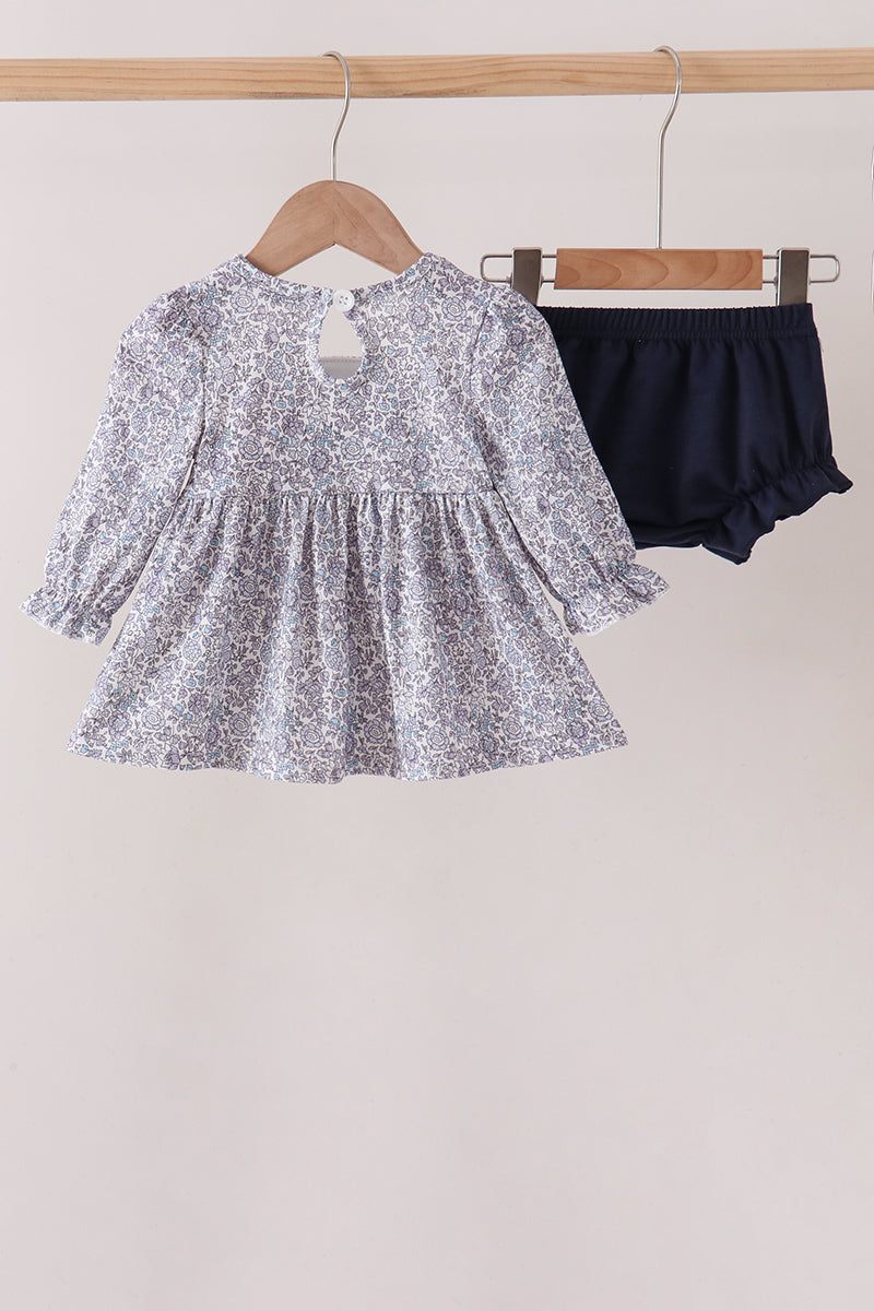 Navy Floral Bow Smocked Bloomer Set