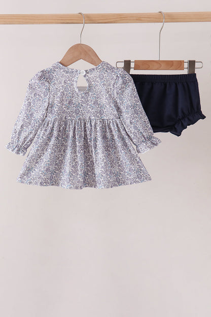 Navy Floral Bow Smocked Bloomer Set