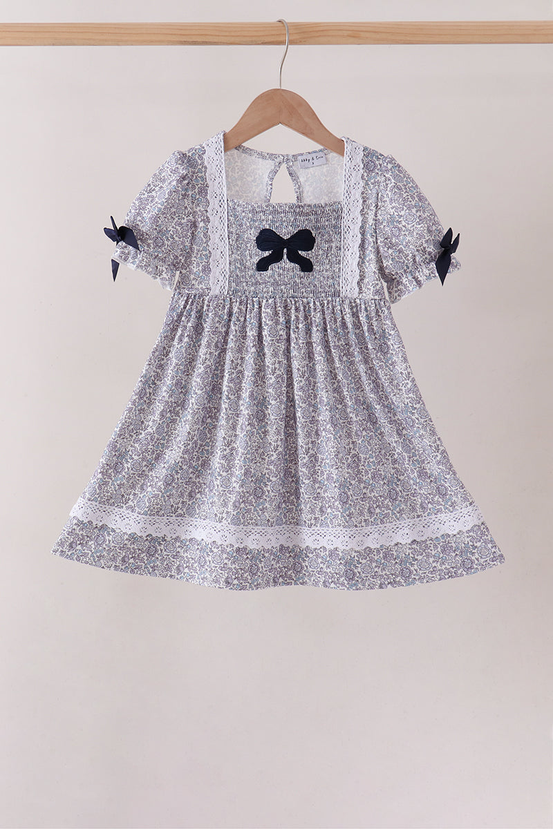 Navy Floral Bow Smocked Dress