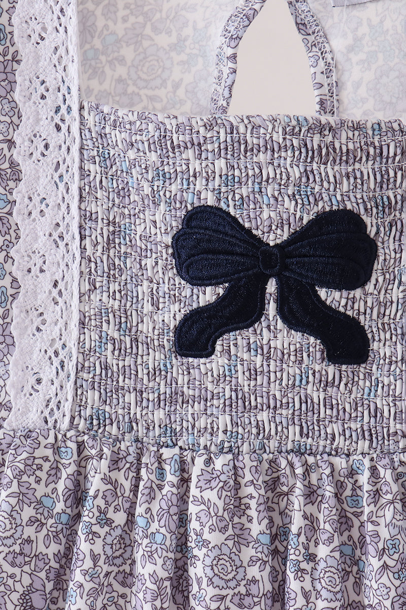 Navy Floral Bow Smocked Dress
