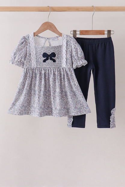 Navy Floral Bow Smocked Pants Set