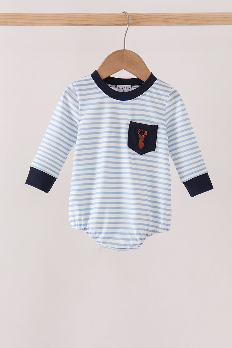 Navy Deer Embroidery Stripe Bubble