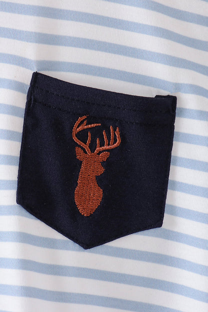 Navy Deer Embroidery Stripe Bubble