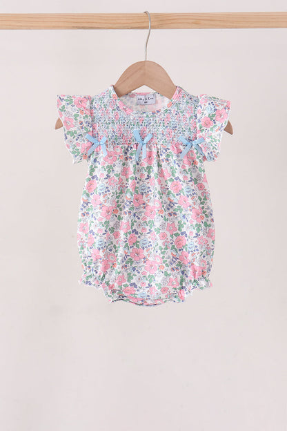 Blue Floral Smocked Ruffle Bubble