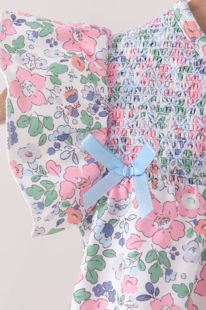 Blue Floral Smocked Ruffle Bubble