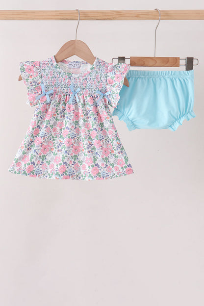 Blue Floral Smocked Ruffle Bloomer Set
