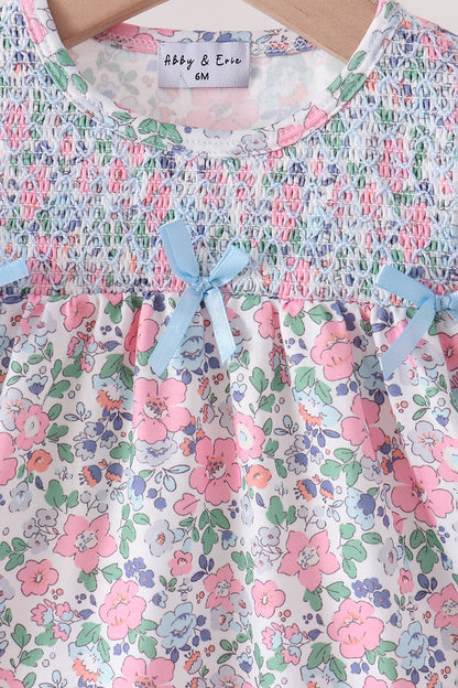Blue Floral Smocked Ruffle Bloomer Set