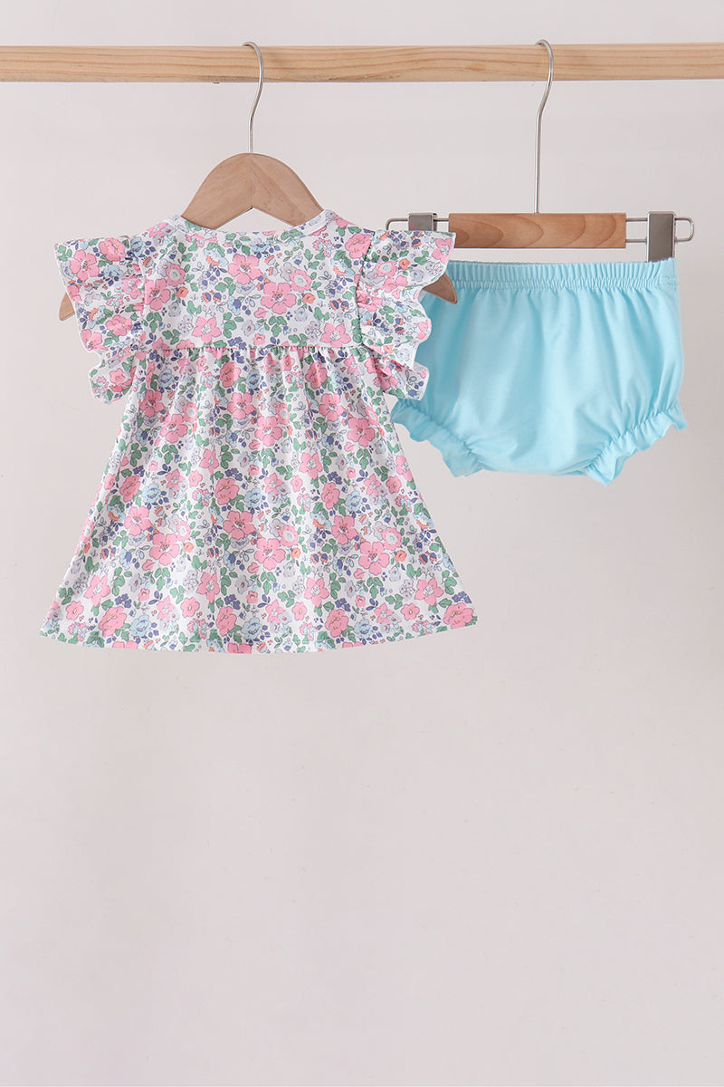 Blue Floral Smocked Ruffle Bloomer Set