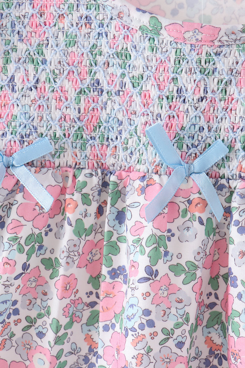 Blue Floral Smocked Ruffle Pants Set
