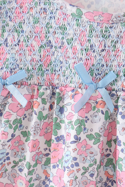 Blue Floral Smocked Ruffle Pants Set