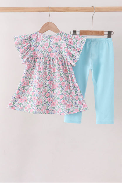 Blue Floral Smocked Ruffle Pants Set