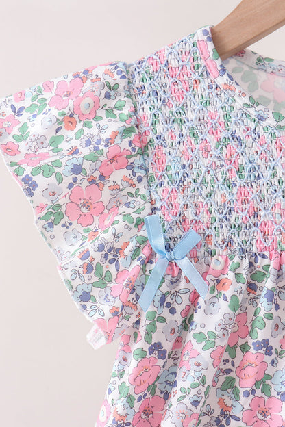 Blue Floral Smocked Ruffle Dress