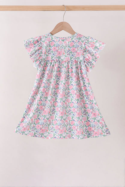 Blue Floral Smocked Ruffle Dress
