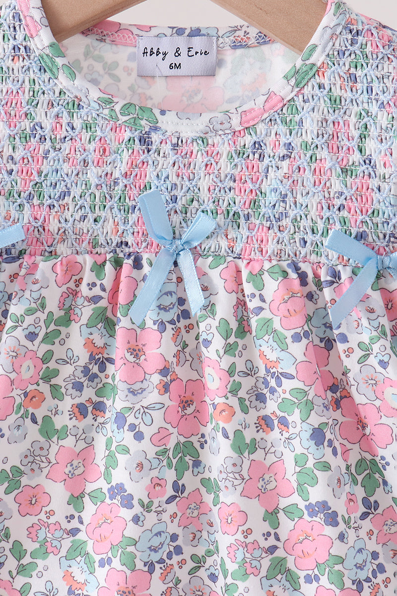 Blue Floral Smocked Ruffle Dress