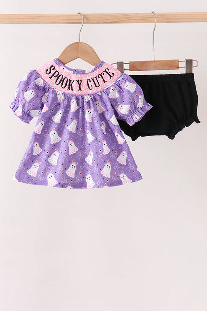 Purple Spooky cute Smocked Bloomer Set