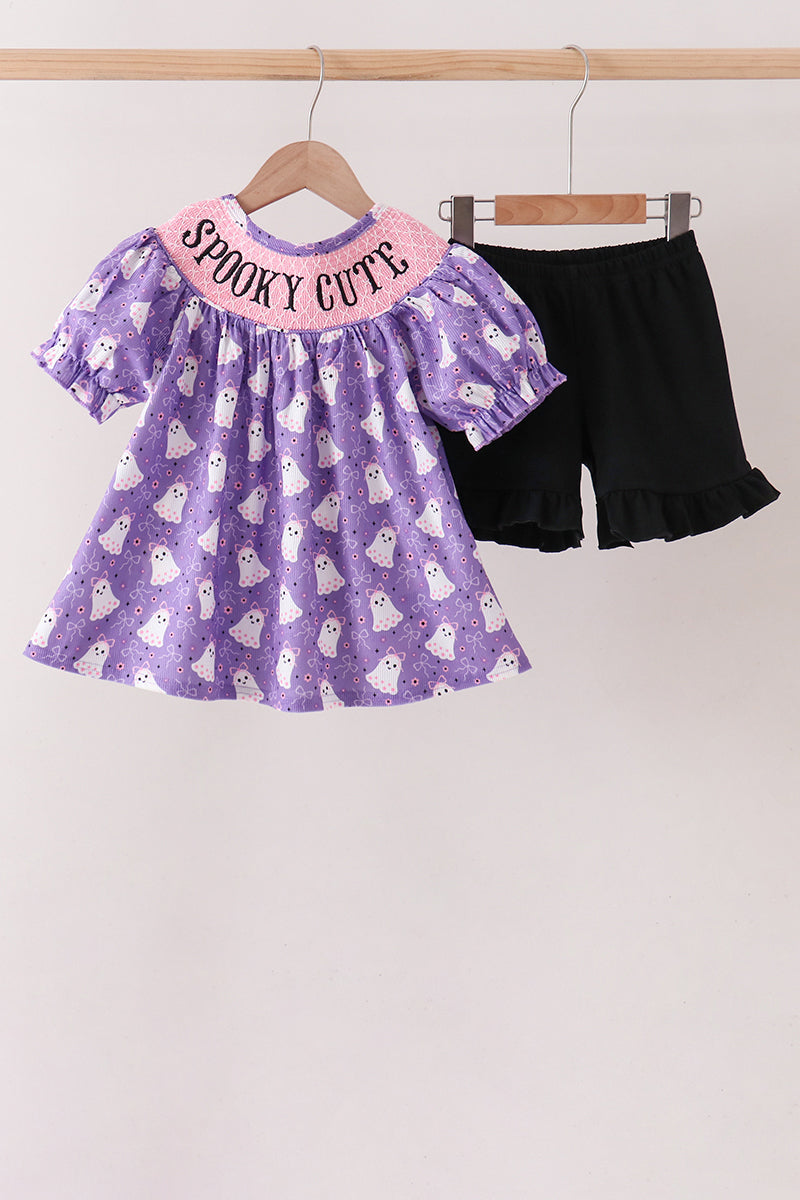 Purple Spooky cute Smocked Ruffle Shorts Set