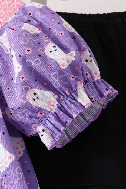 Purple Spooky cute Smocked Ruffle Shorts Set