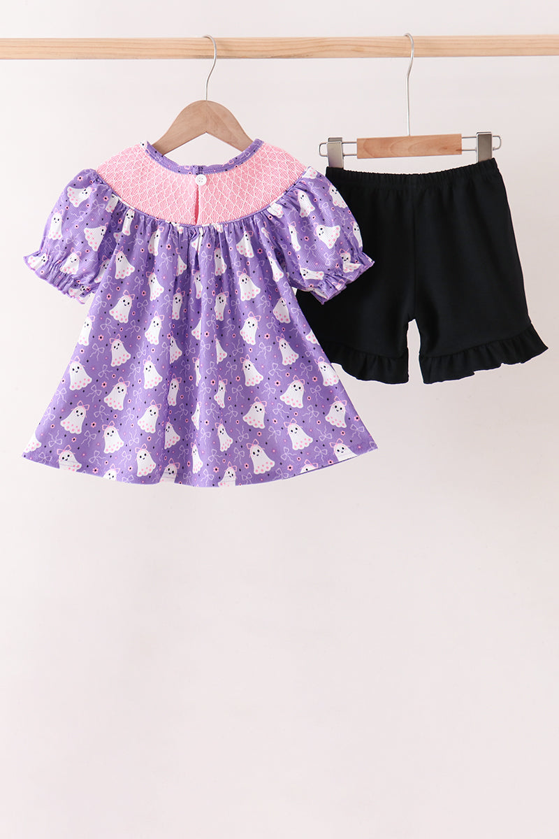 Purple Spooky cute Smocked Ruffle Shorts Set