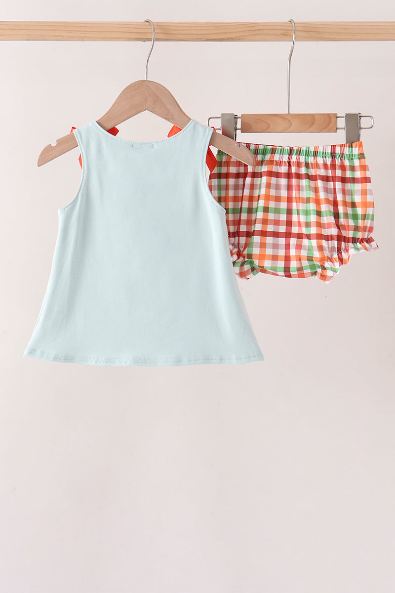 Blue Puppy Pumpkin Embroidery Gingham Bloomer Set