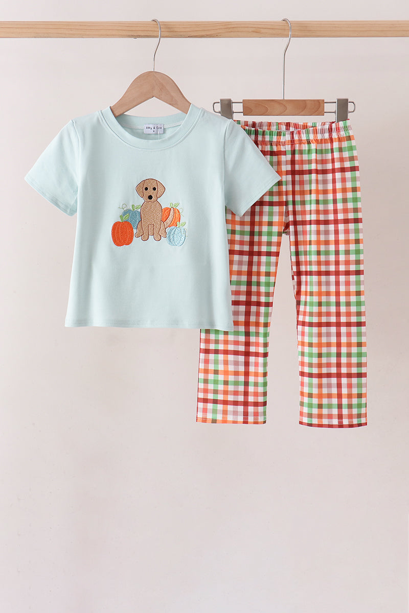 Blue Puppy Pumpkin Embroidery Gingham Pants Set