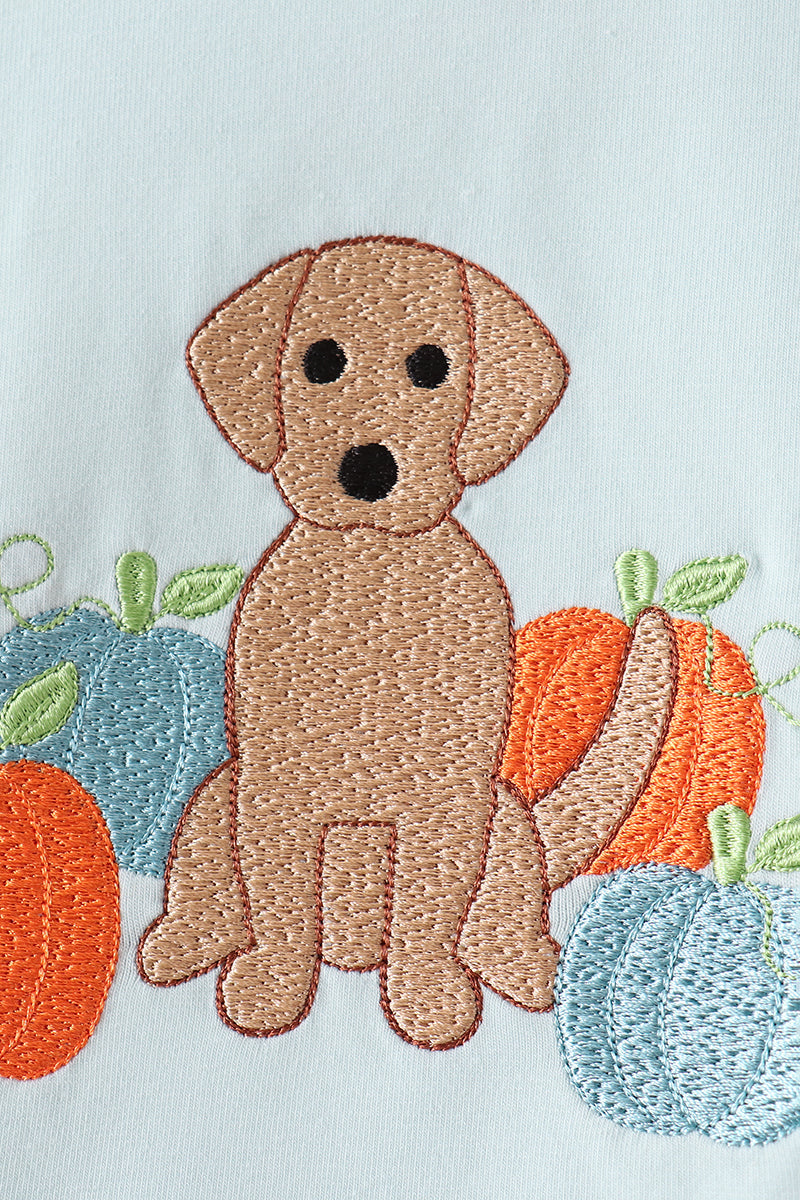 Blue Puppy Pumpkin Embroidery Gingham Pants Set