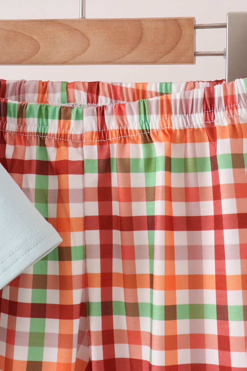 Blue Puppy Pumpkin Embroidery Gingham Pants Set