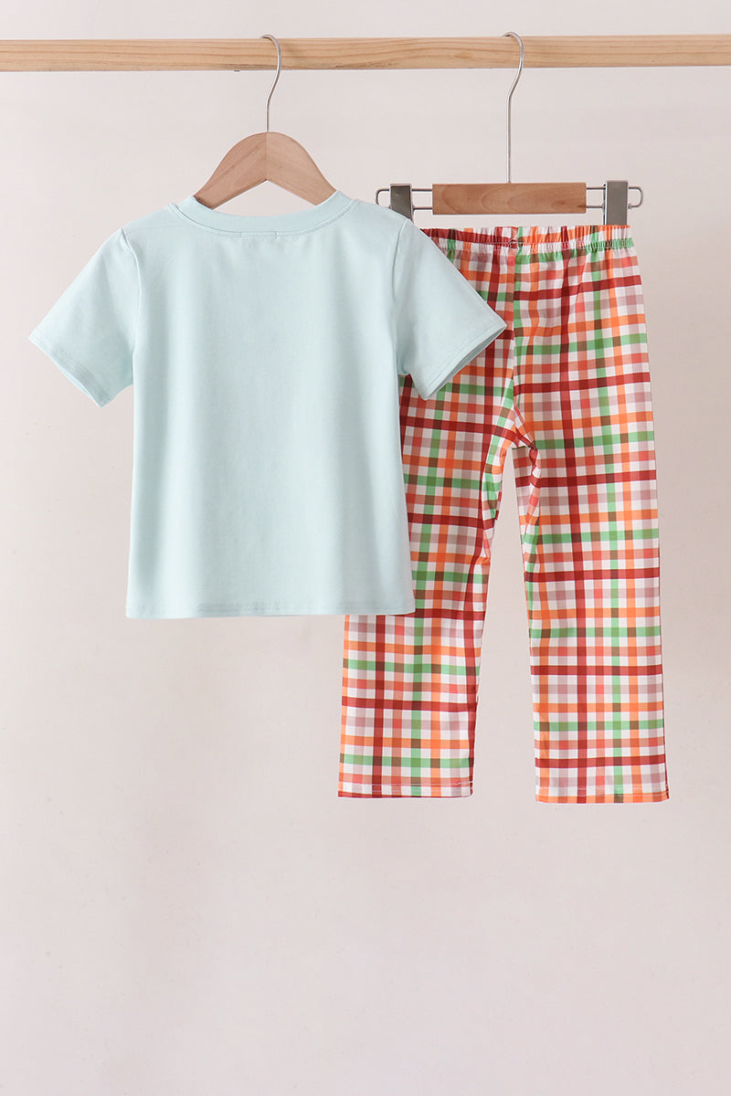 Blue Puppy Pumpkin Embroidery Gingham Pants Set