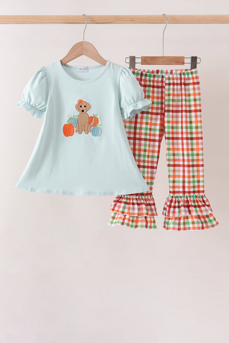 Blue Puppy Pumpkin Embroidery Gingham Ruffle Pants Set