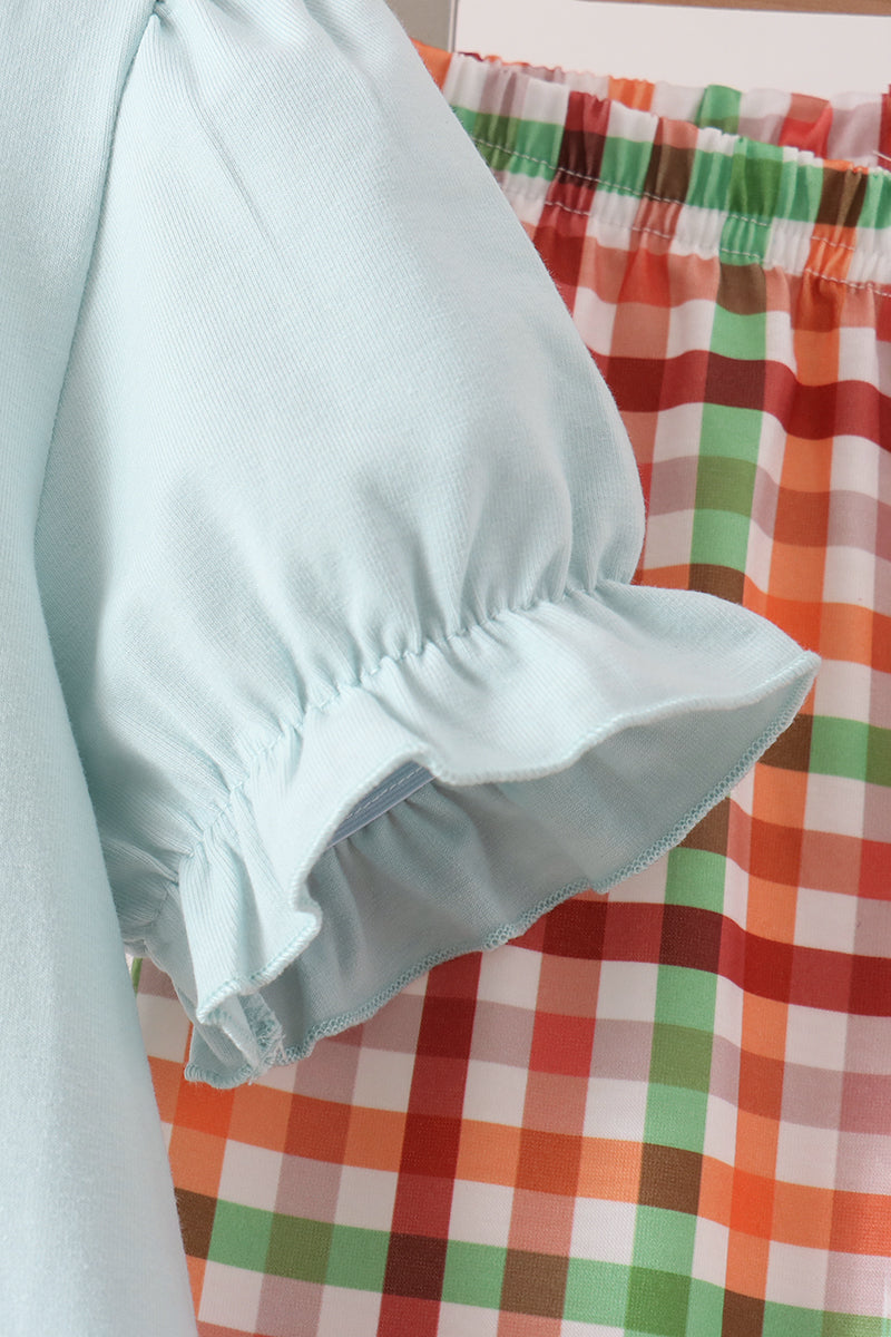 Blue Puppy Pumpkin Embroidery Gingham Ruffle Pants Set