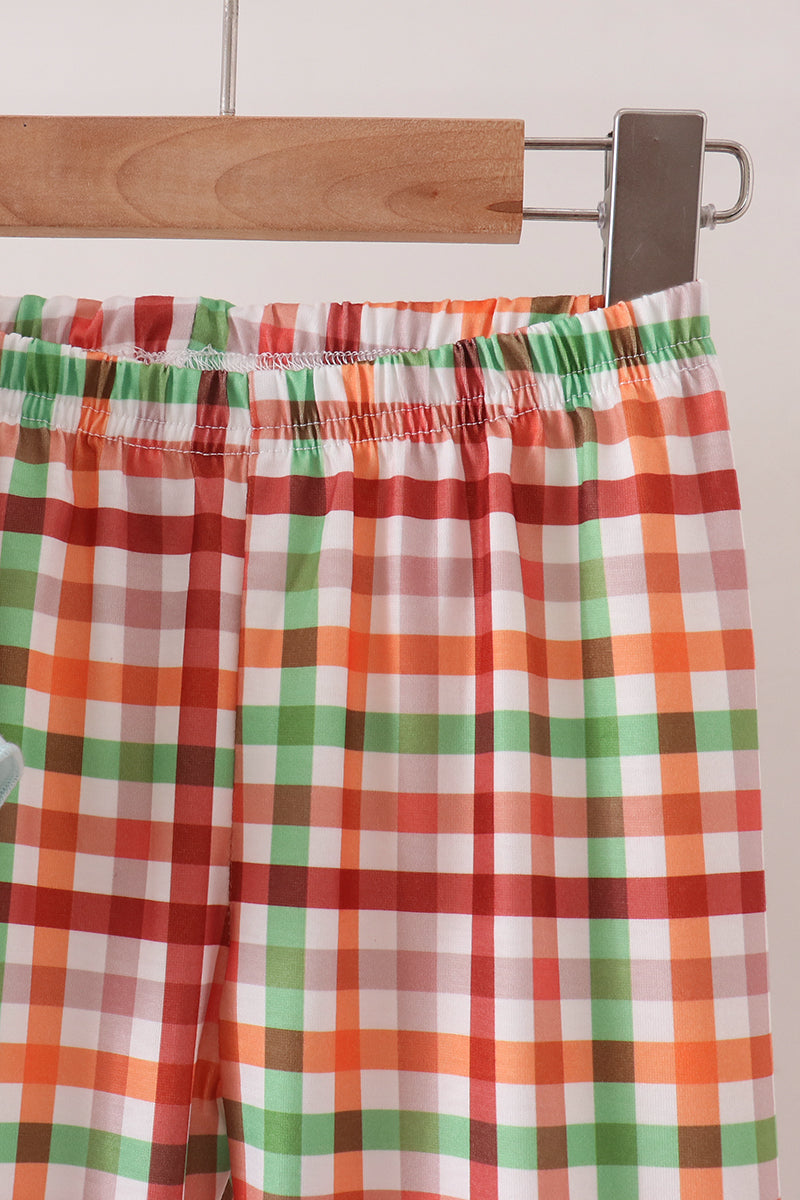 Blue Puppy Pumpkin Embroidery Gingham Ruffle Pants Set