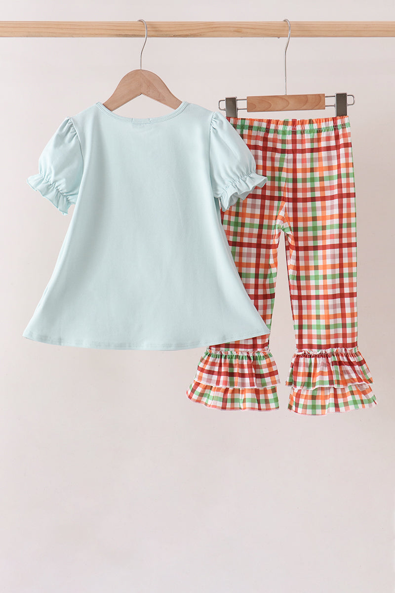 Blue Puppy Pumpkin Embroidery Gingham Ruffle Pants Set